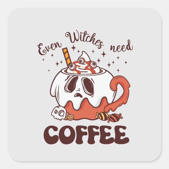 Even Witches Need Coffee – Cute Ghost Square Sticker (Front)