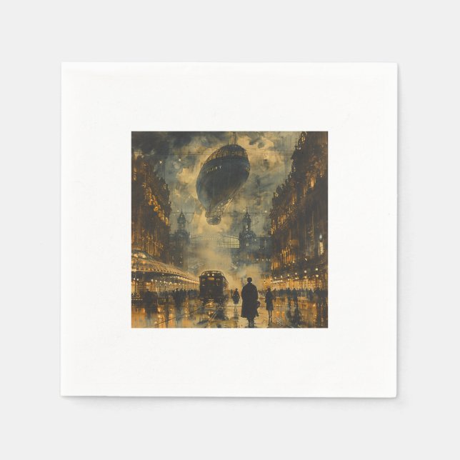 Evening Arrival – A Steampunk Street Scene Napkin (Front)