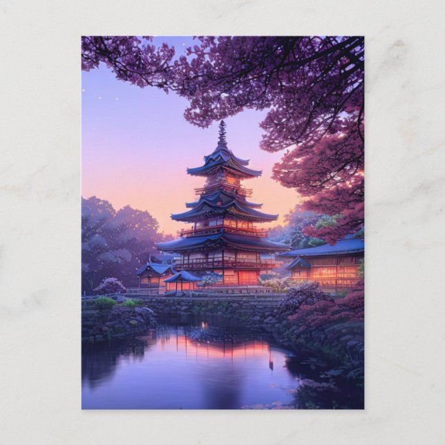 Evening at Riverside Temple Postcard (Front)