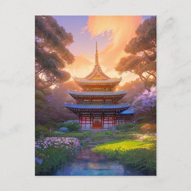 Evening at the Beautiful Japanese Temple Postcard (Front)