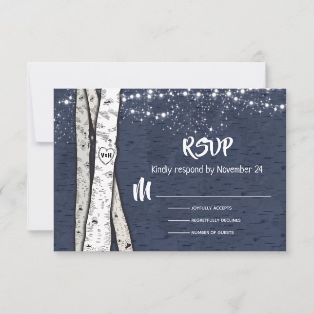 Evening Birch Tree Wedding twinkle lights RSVP Card (Front)