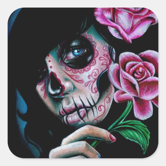 Evening Bloom Day of the Dead Sugar Skull Girl Square Sticker (Front)