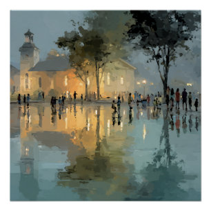 Evening Church Square Rain Reflections Poster