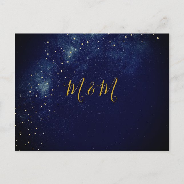 Evening Gold Stars Blue Astral Wedding Invitation Postcard (Front)