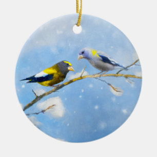 Evening Grosbeak Painting - Cute Original Dog Art Ceramic Tree Decoration