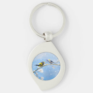 Evening Grosbeak Painting - Cute Original Dog Art Key Ring