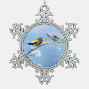 Evening Grosbeak Painting - Cute Original Dog Art Snowflake Pewter Christmas Ornament