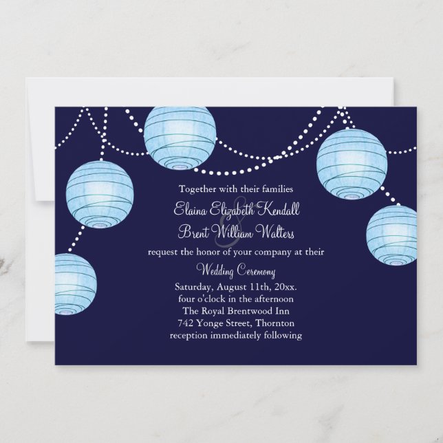 Evening Party Lanterns Wedding Invitation in Blue (Front)