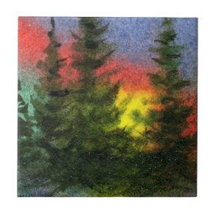 Evening pines in a field with a rainbow sky tile