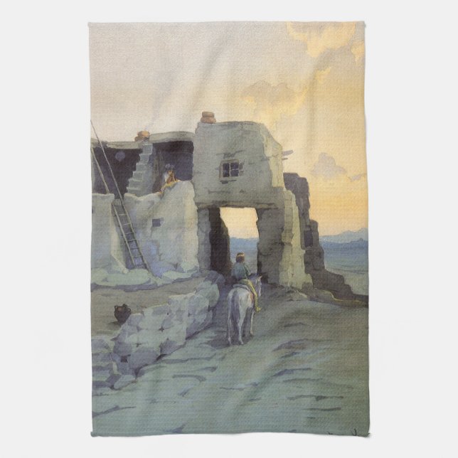 Evening, Pueblo of Walpi by Marion Kavagh Wachtel Tea Towel (Vertical)