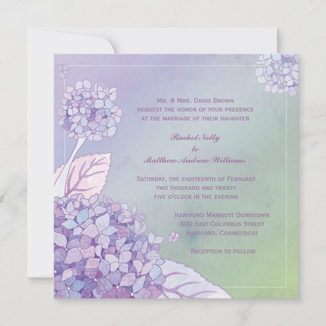 Evening Purple Hydrangeas Ombre Wedding Invitation (Front)