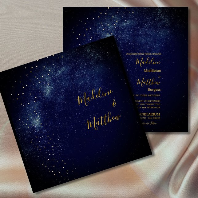 Evening Sky Astral Gold  Stars Blue Square Wedding Invitation (Creator Uploaded)