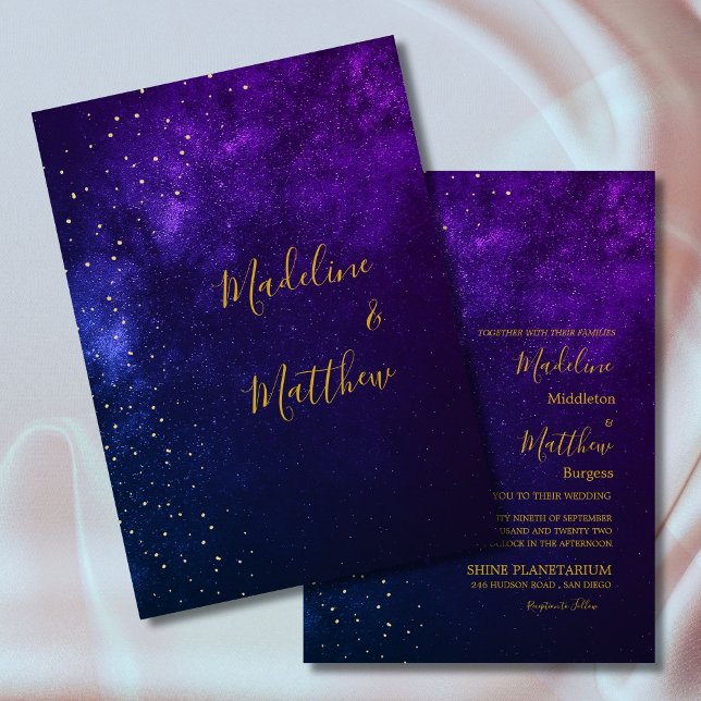 Evening Sky Astral Gold  Stars Purple Wedding Invitation (Creator Uploaded)