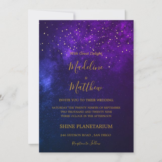 Evening Sky Celestial Gold  Stars Purple Wedding Invitation (Front)