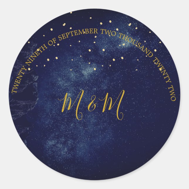 Evening Sky Moon Gold Stars Blue Wedding Classic Round Sticker (Front)