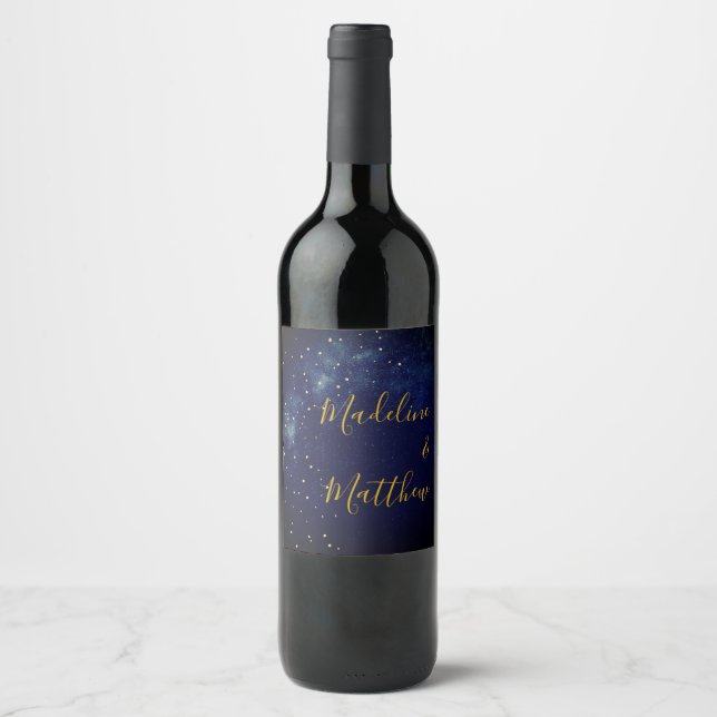 Evening Sky Stars Blue Personal Wedding Wine Label (Front)