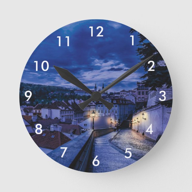 Evening street in Prague Round Clock (Front)