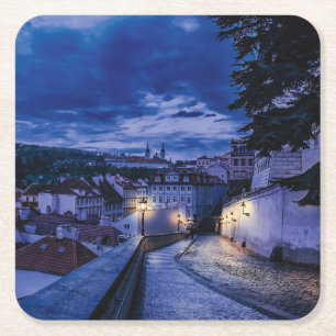 Evening street in Prague Square Paper Coaster