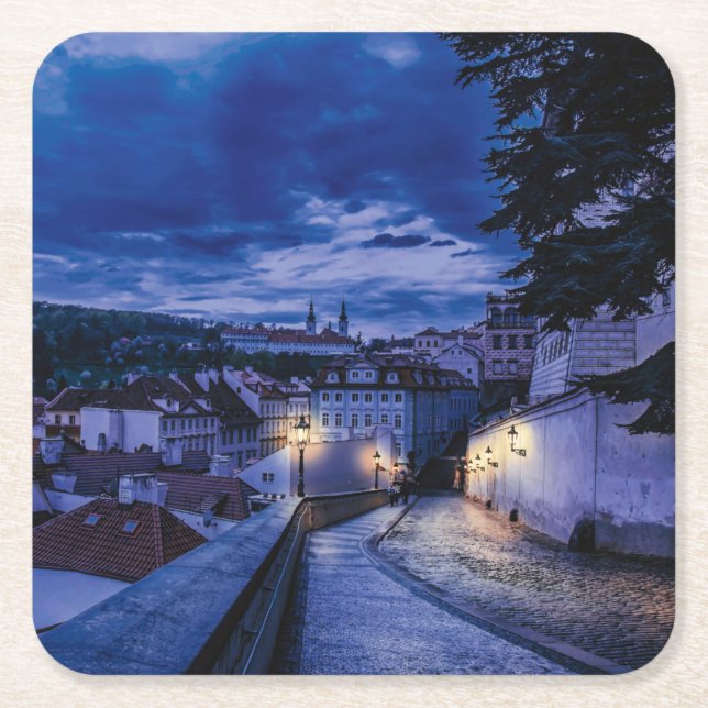 Evening street in Prague Square Paper Coaster (Front)