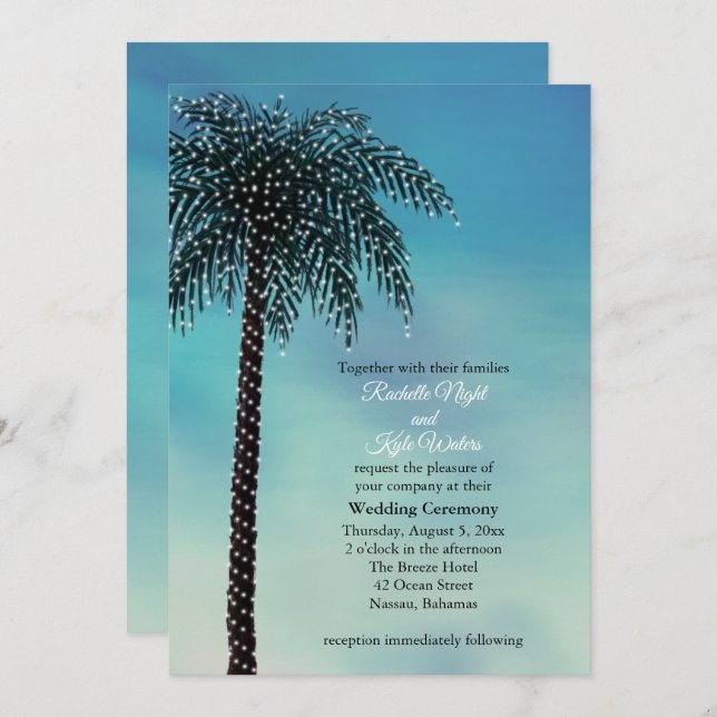 Evening String Lights Palm Tree Wedding Invitation (Front/Back)