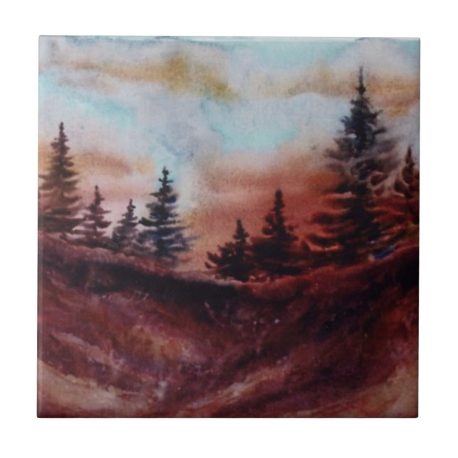 Evening sunset mountain ridge Pine Tree  Tile (Front)