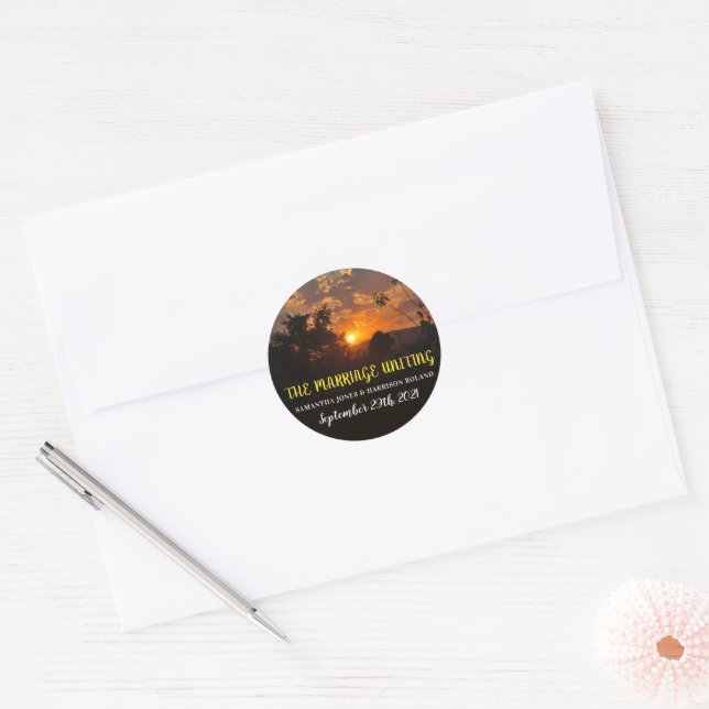 Evening Sunset Scene, Rustic Wedding Classic Round Sticker (Envelope)