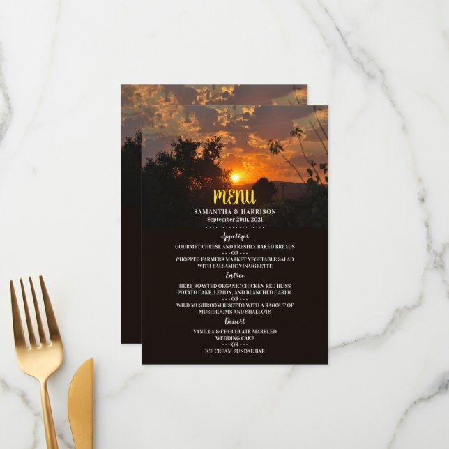 Evening Sunset Scene, Rustic Wedding Menu (Front/Back In Situ)