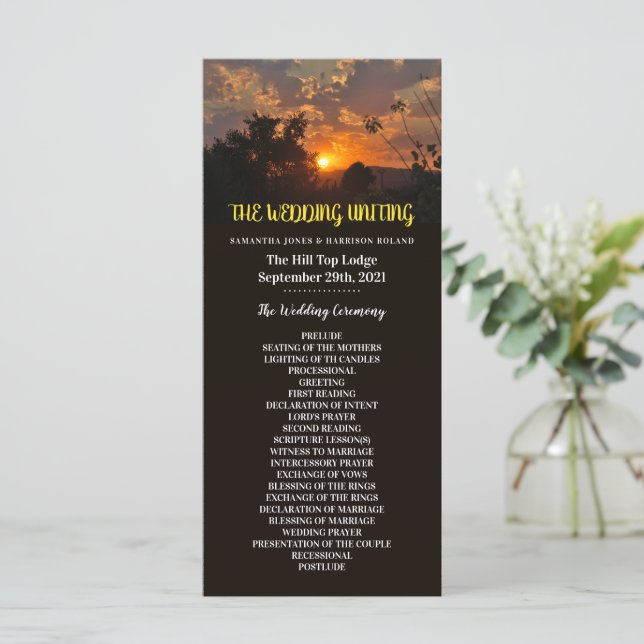 Evening Sunset Scene, Rustic Wedding Programme (Standing Front)