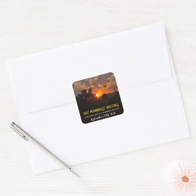 Evening Sunset Scene, Rustic Wedding Square Sticker (Envelope)