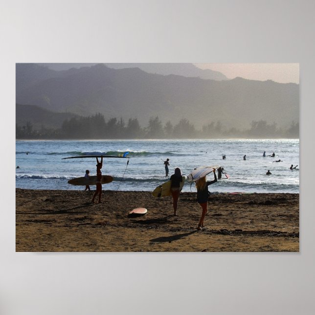 Evening Surfers, Hanalei Bay, Kauai Poster (Front)