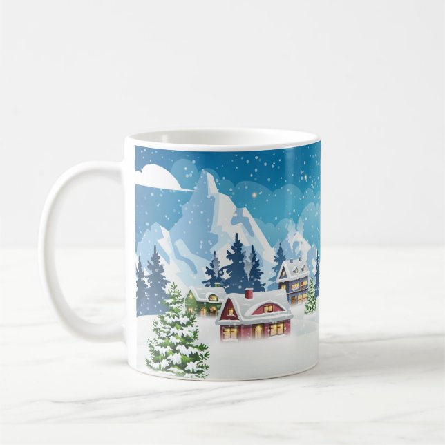 Evening village winter landscape with snow covered coffee mug (Left)