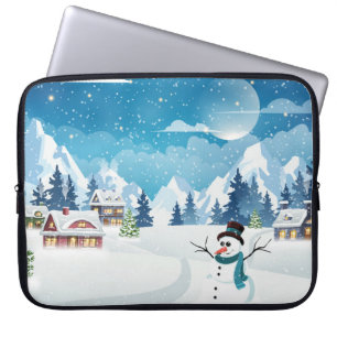 Evening village winter landscape with snow covered laptop sleeve