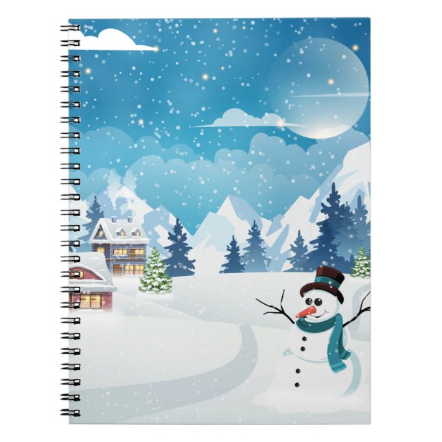 Evening village winter landscape with snow covered notebook (Front)