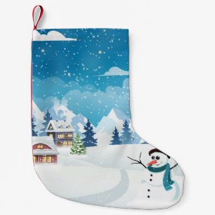 Evening village winter landscape with snow covered small christmas stocking