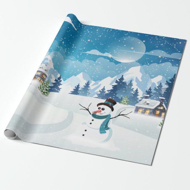 Evening village winter landscape with snow covered wrapping paper (Unrolled)