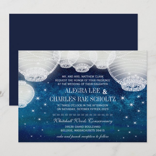 Evening Wedding Navy Paper Lantern Under the Stars Invitation (Front/Back)