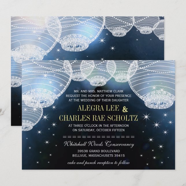 Evening Wedding Navy Paper Lantern Under the Stars Invitation (Front/Back)