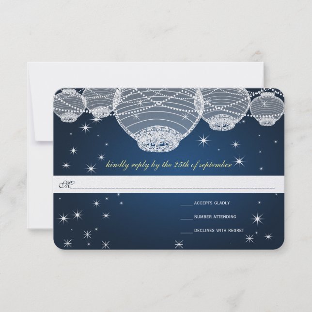 Evening Wedding Navy Paper Lantern Under the Stars RSVP Card (Front)
