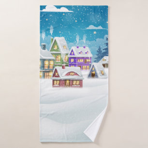 Evening winter village landscape with snow covered bath towel