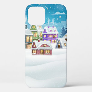 Evening winter village landscape with snow covered iPhone 12 case