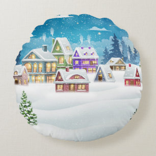 Evening winter village landscape with snow covered round cushion