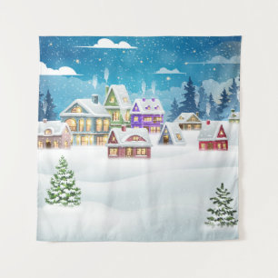 Evening winter village landscape with snow covered tapestry