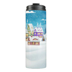 Evening winter village landscape with snow covered thermal tumbler