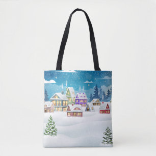 Evening winter village landscape with snow covered tote bag