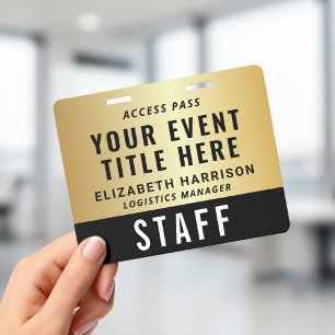 Event Access Pass VIP Staff Crew Black Gold ID Badge