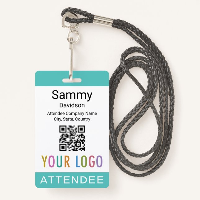 Event Attendee Badge QR Code Logo Turquoise Blue ID Badge (Front with Lanyard)