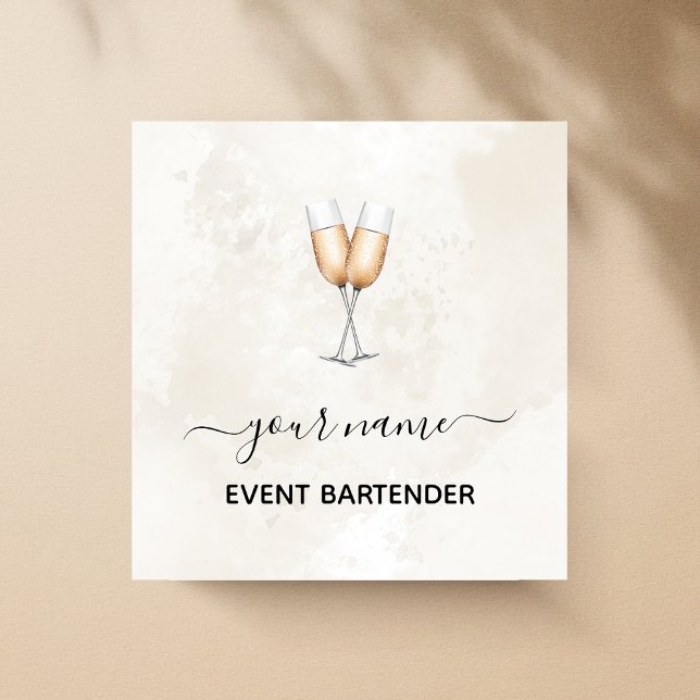 Event Bartender Champagne Glasses Elegant Marble Square Business Card (Creator Uploaded)