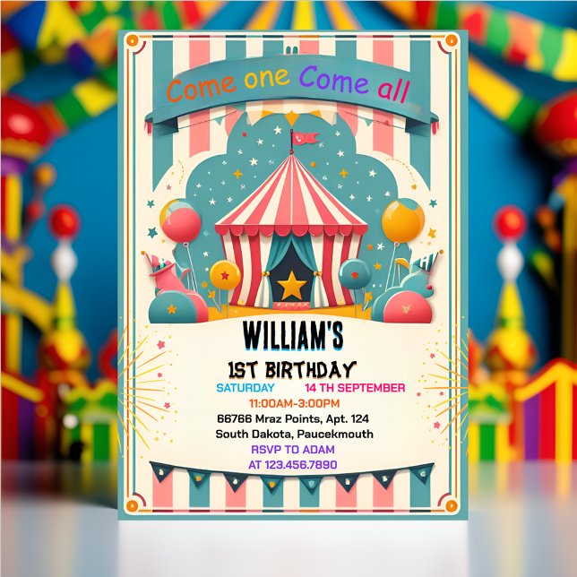 event cute kids Carnival Circus Show 1st Birthday Invitation (Creator Uploaded)