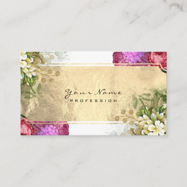 Event Floral Red Peony Pink Green Gold White Business Card (Front)