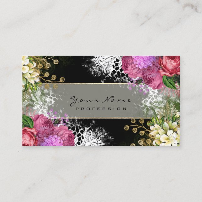 Event Floral Red Roses Pink Green Gold Black Business Card (Front)